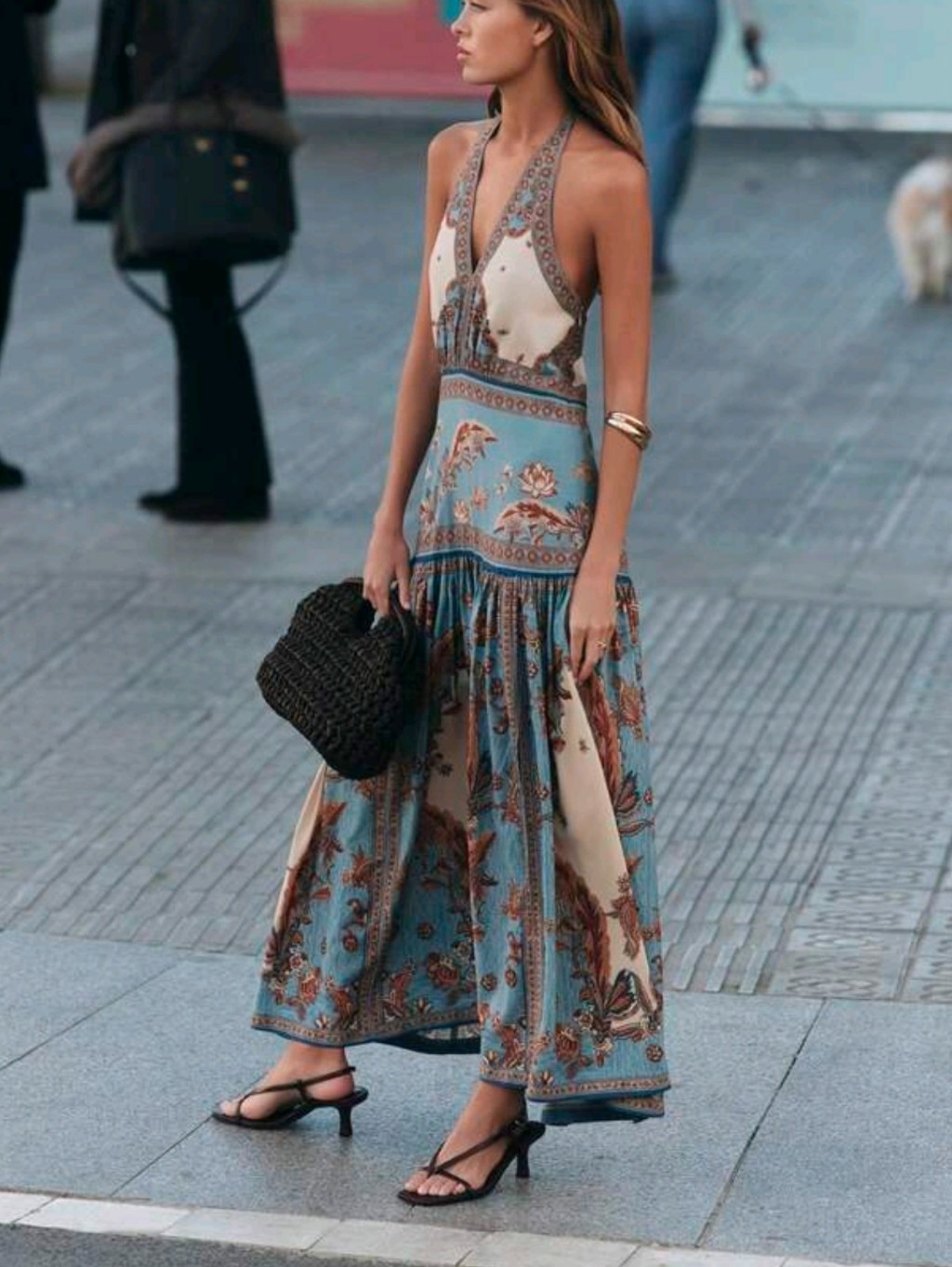 Ummer Dresses For Women: A Light Blue And Beige Halter-Neck Maxi Dress